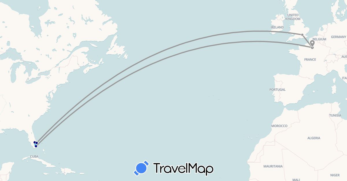 TravelMap itinerary: driving, plane, boat in France, United Kingdom, United States (Europe, North America)